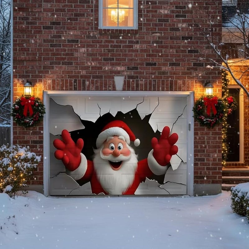 Christmas Santa Claus Brick Wall Breaker Garage Door Banner 240x180cm Indoor Outdoor Decor - Image 1